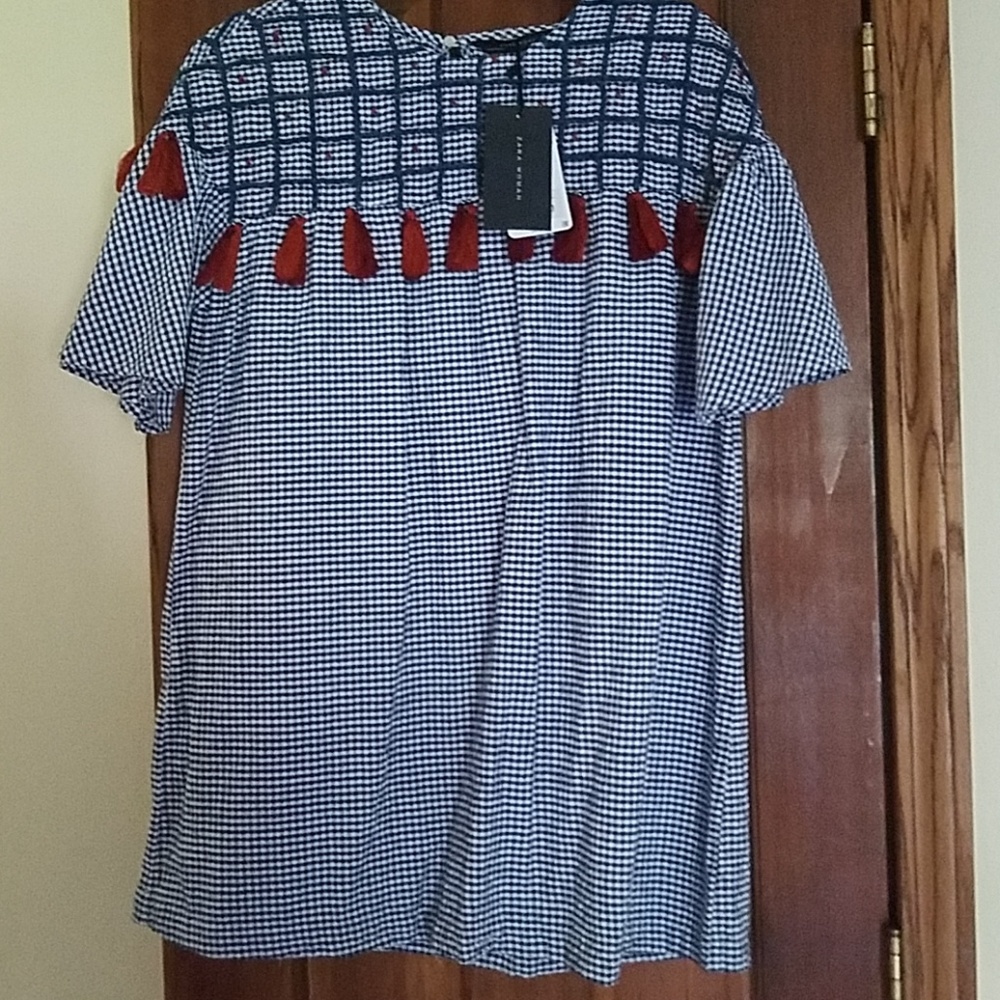 Zara tassel gingham check shift dress XS